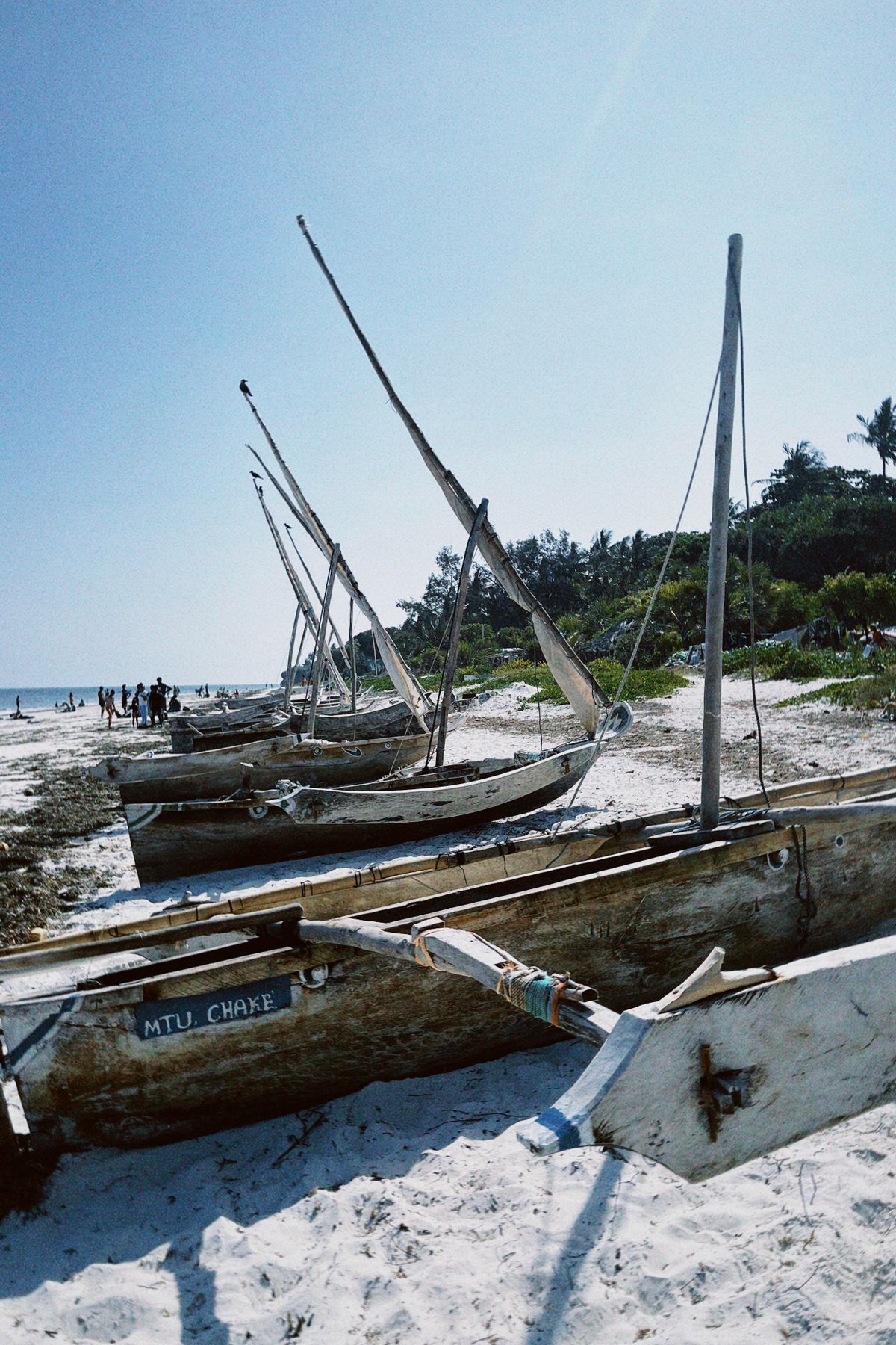 Traditional wooden dhows on a tropical Kenyan beach
