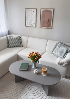 Elegant living room with pastel decor featuring a tulip bouquet and coffee on the table.