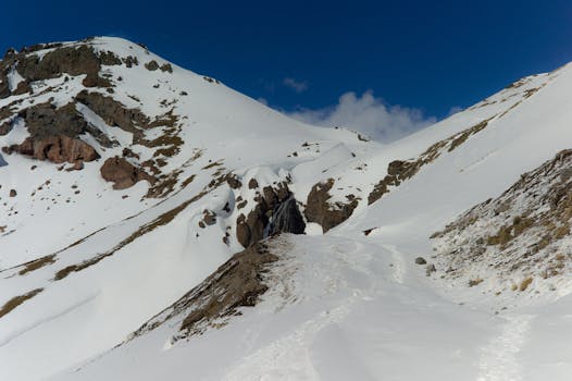 Serene snow-covered mountain scene with a small waterfall under a clear blue sky.