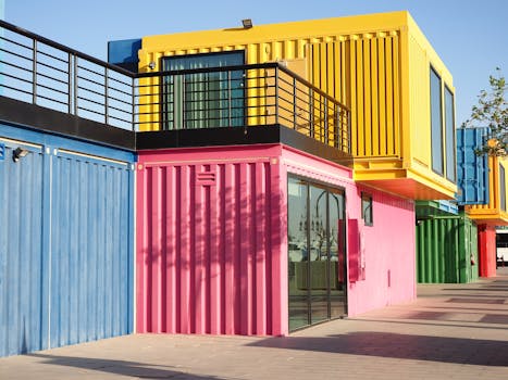 Architettura di container moderna e vivace, immortalata a Doha, in Qatar, che mette in mostra l'uso creativo del colore e del design.
