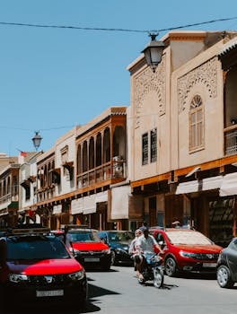 Vibrant street scene in Fes Medina with traditional architecture and people in motion.