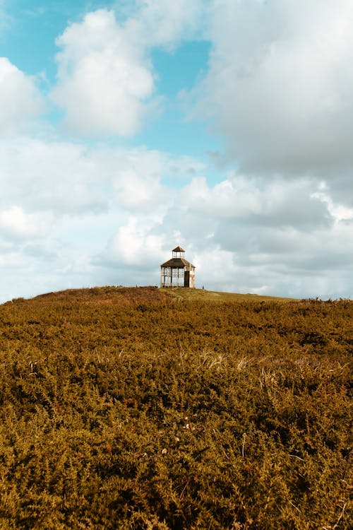 White and Black Lighthouse on Brown Grass Field Under White Clouds and Blue Sky