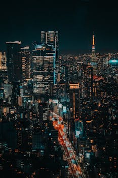 Stunning night view of Tokyo's cityscape with iconic skyline and illuminated buildings.