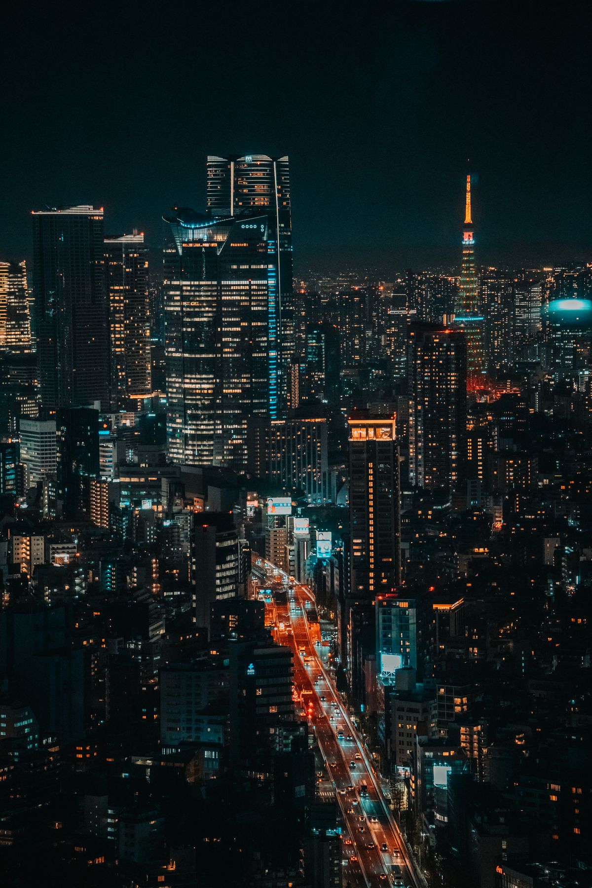 Tokyo cityscape skyline illuminated at night seen from a Roppongi observation deck
