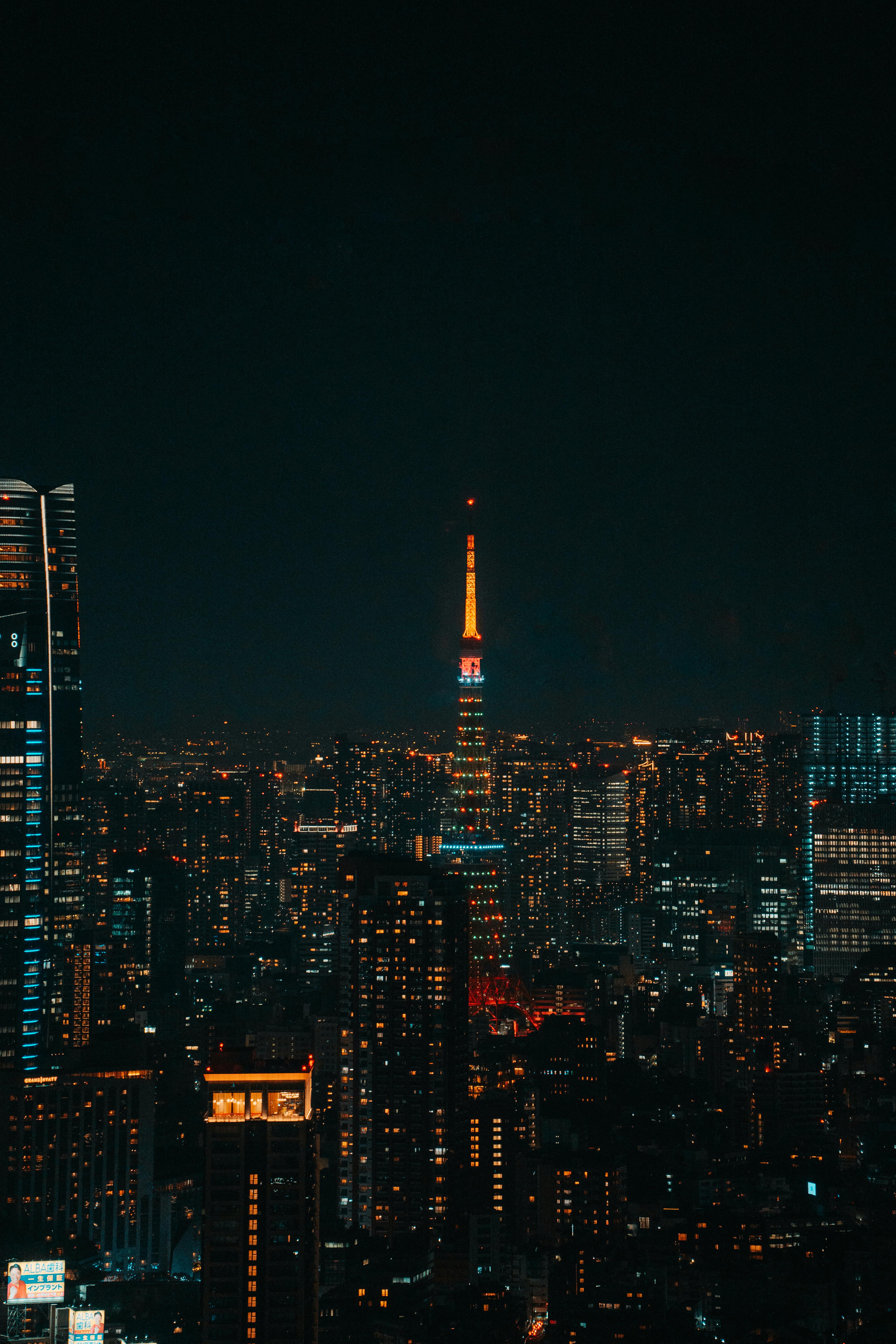 A breathtaking view of Tokyo's vibrant cityscape highlighting the illuminated Tokyo Tower at night.