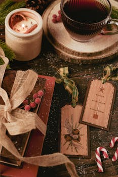 Warm Christmas decor with gift tags, mulled wine, and candy canes on a rustic table.