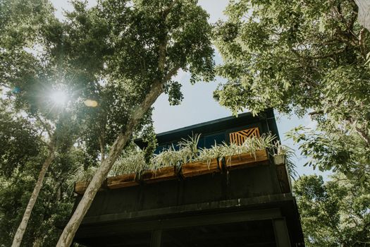 A modern treehouse surrounded by lush green trees with sun rays peeking through, creating a serene atmosphere.