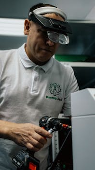 Technician using power drill with precision for electronic equipment maintenance indoors.