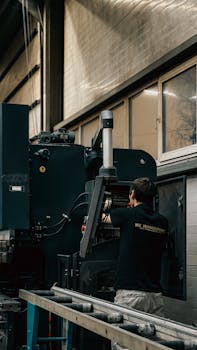 A worker in an industrial setting operates and adjusts a large machine.