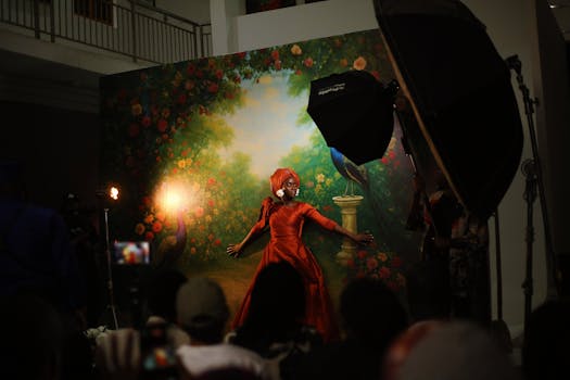 A woman in traditional dress poses in a vibrant studio photo shoot setting.