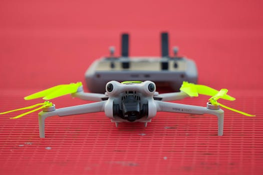 Close-up of a DJI Mini 4 Pro drone with bright yellow propellers on a red surface.