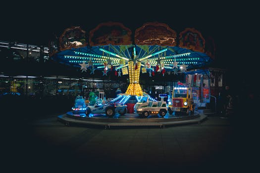 Una giostra colorata illuminata di notte, in un'atmosfera da mercatino di Natale tedesco.