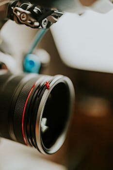 Artistic close-up of a camera lens with a blurred background, showcasing intricate details.