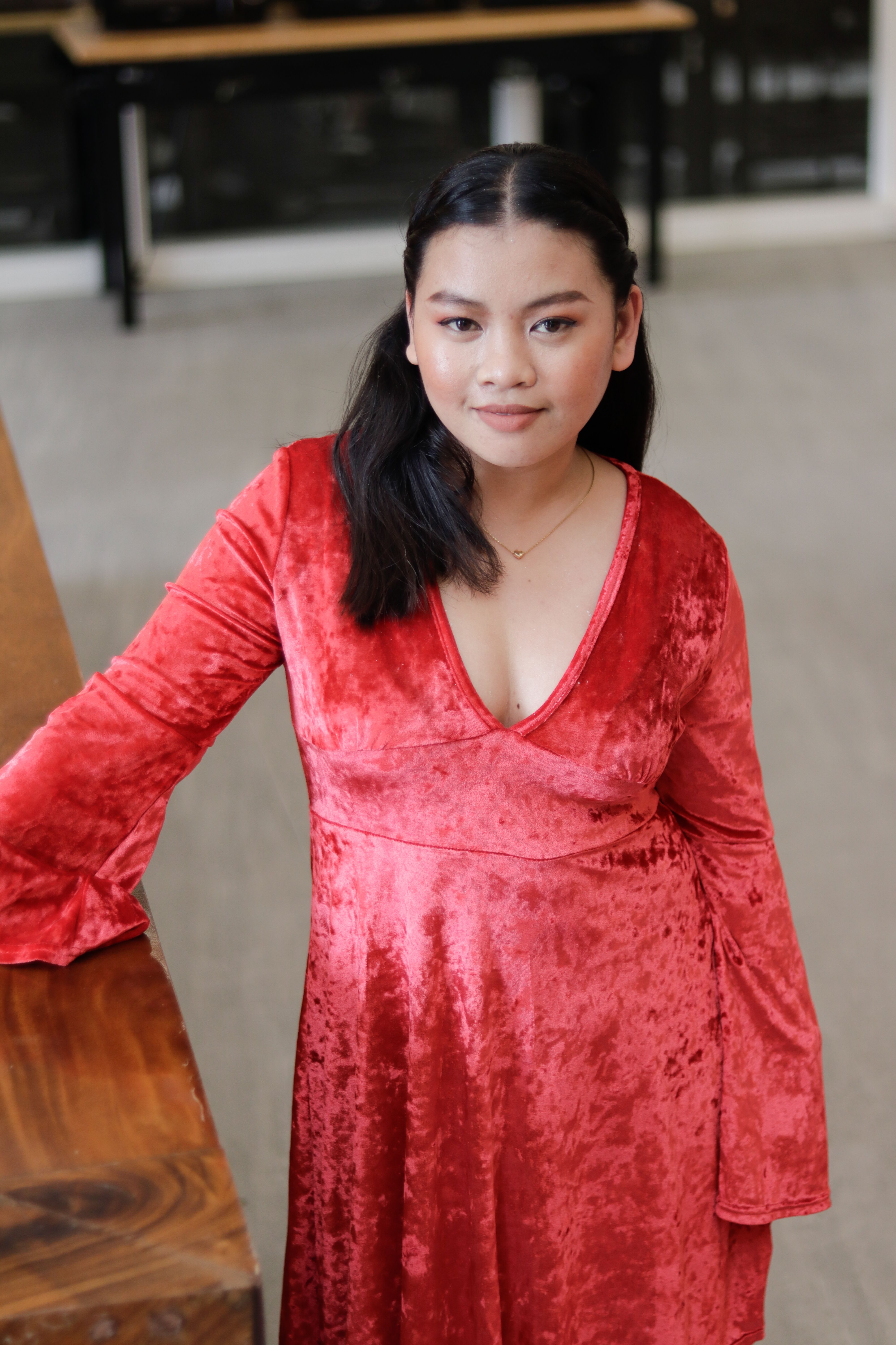 Elegant Woman in Red Velvet Dress Indoors · Free Stock Photo