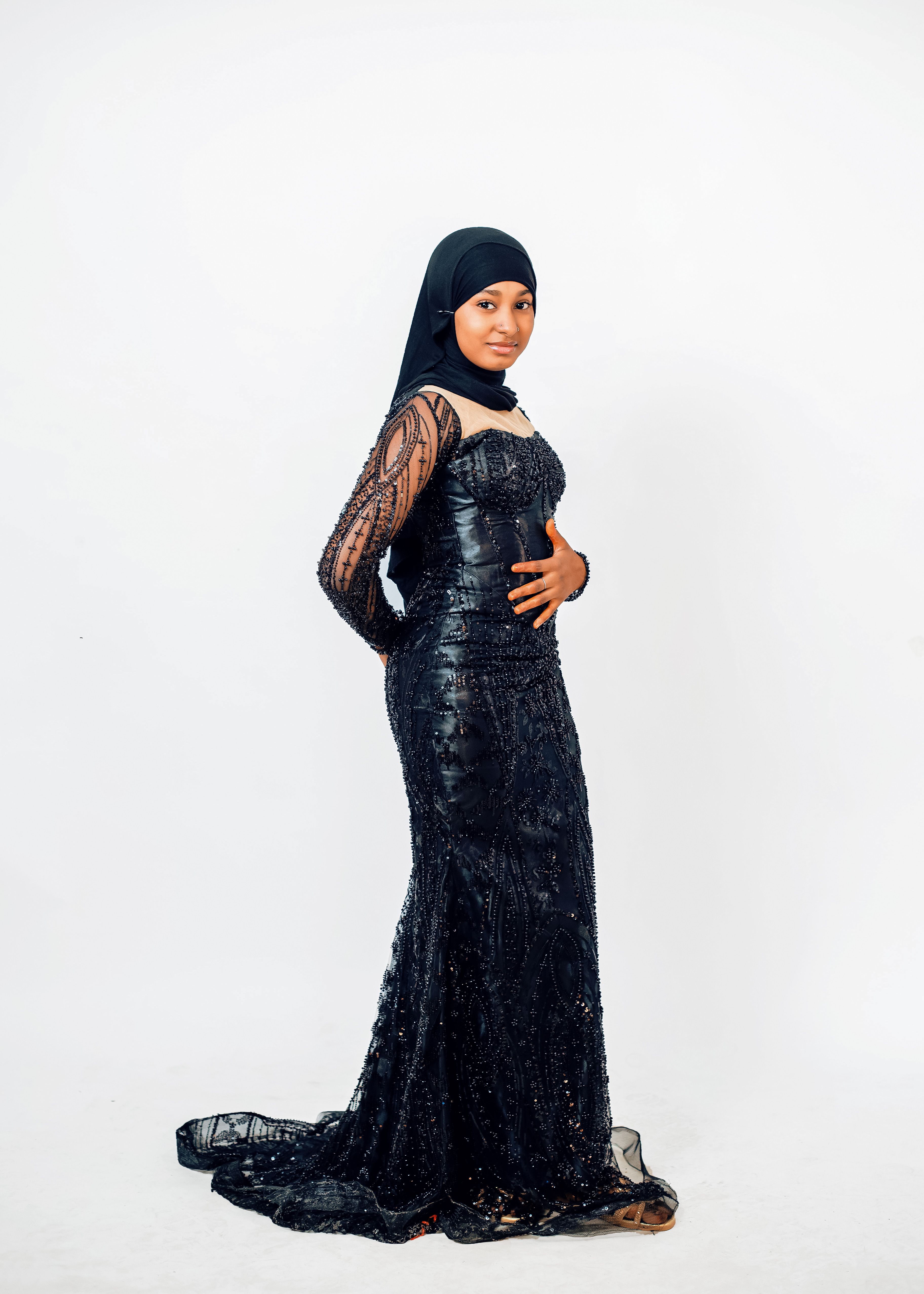 Elegant Black Evening Gown with Hijab Fashion · Free Stock Photo