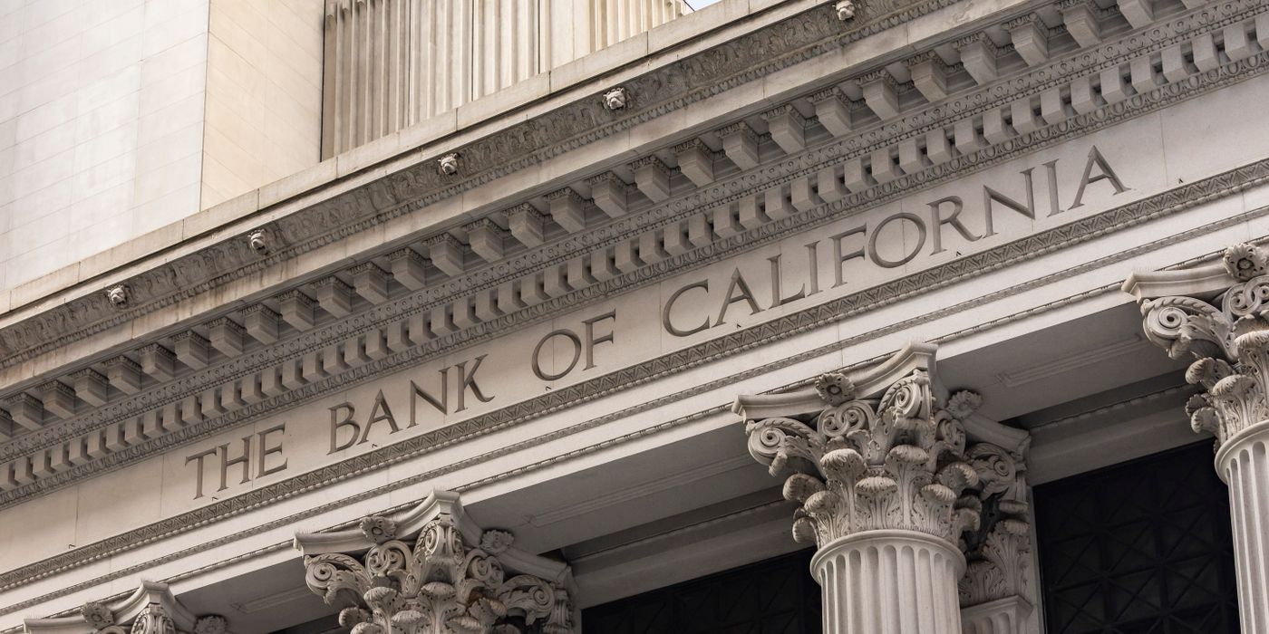 Close-up of Bank of California with classic architecture and columns.