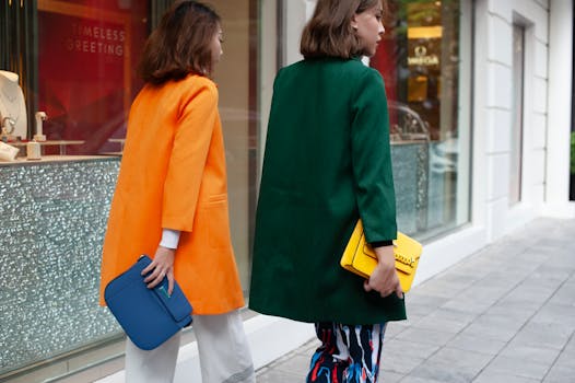 Two women in colorful coats walking past luxury storefronts, showcasing modern street fashion.