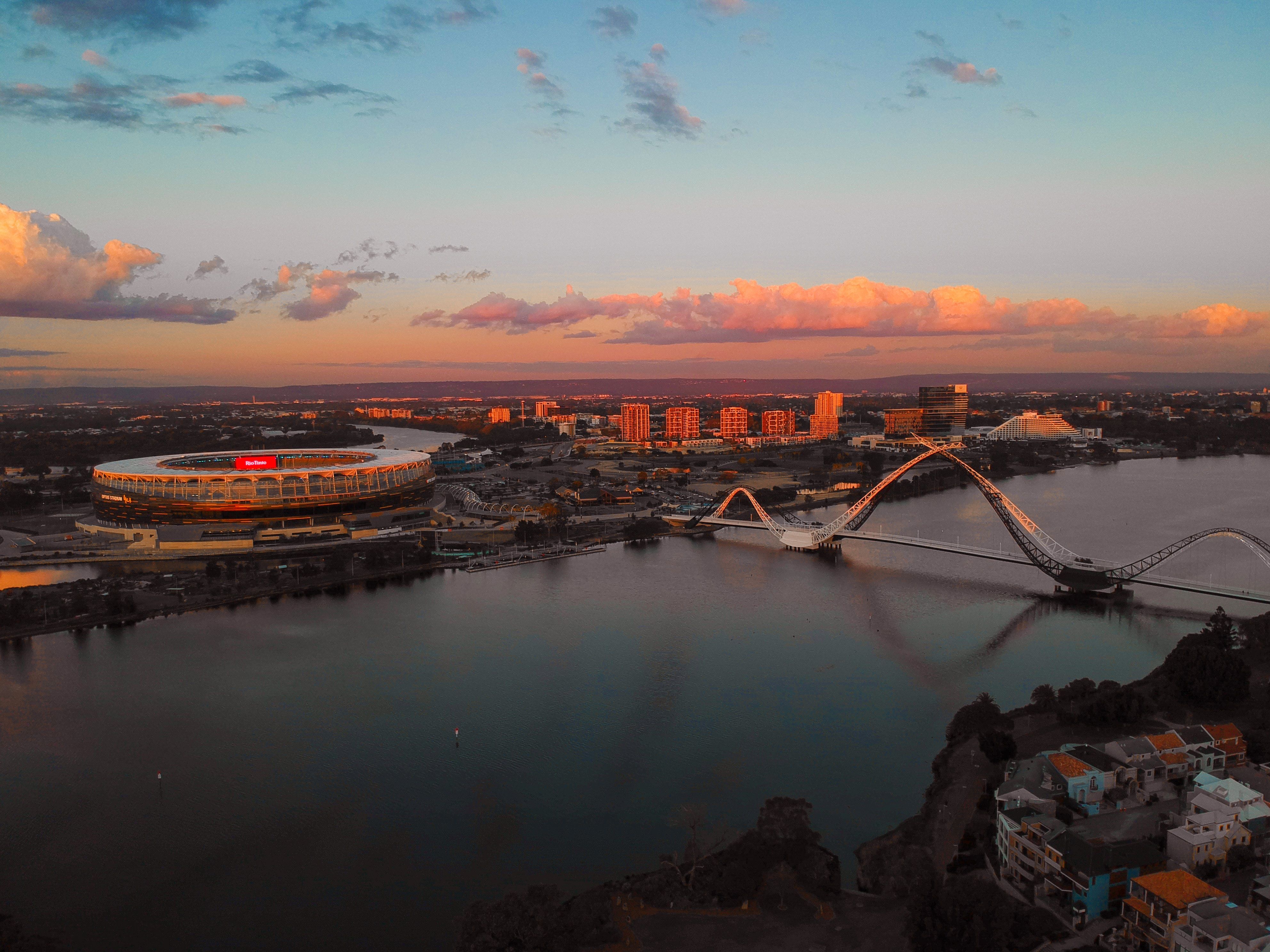 Aerial view of Perth and the Swan River near the stadium precinct in Western Australia