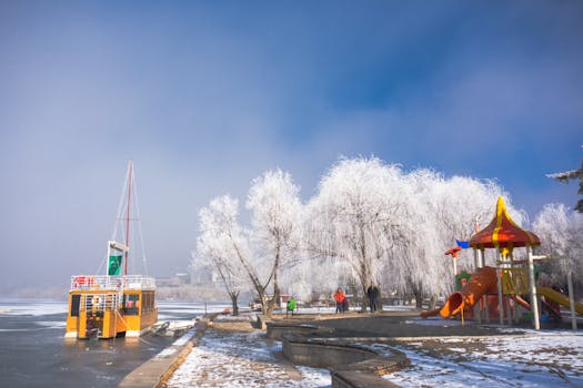 Children enjoy a winter playground by a frozen lake with frost-covered trees under a clear sky.