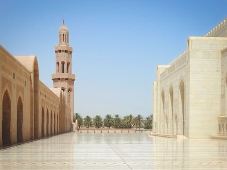 Beautiful view of Sultan Qaboos Grand Mosque showcasing stunning architecture in Muscat, Oman.