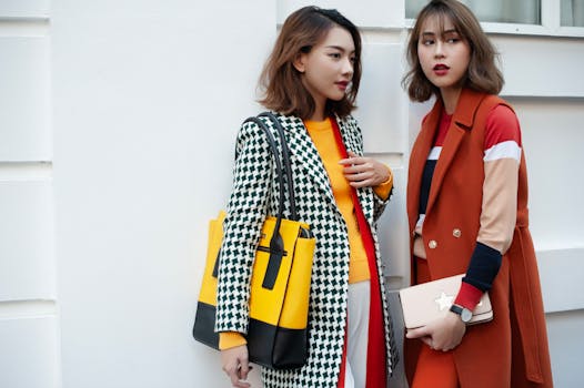 Two fashionable women in vibrant winter attire posing outdoors, showcasing chic handbags and coats.
