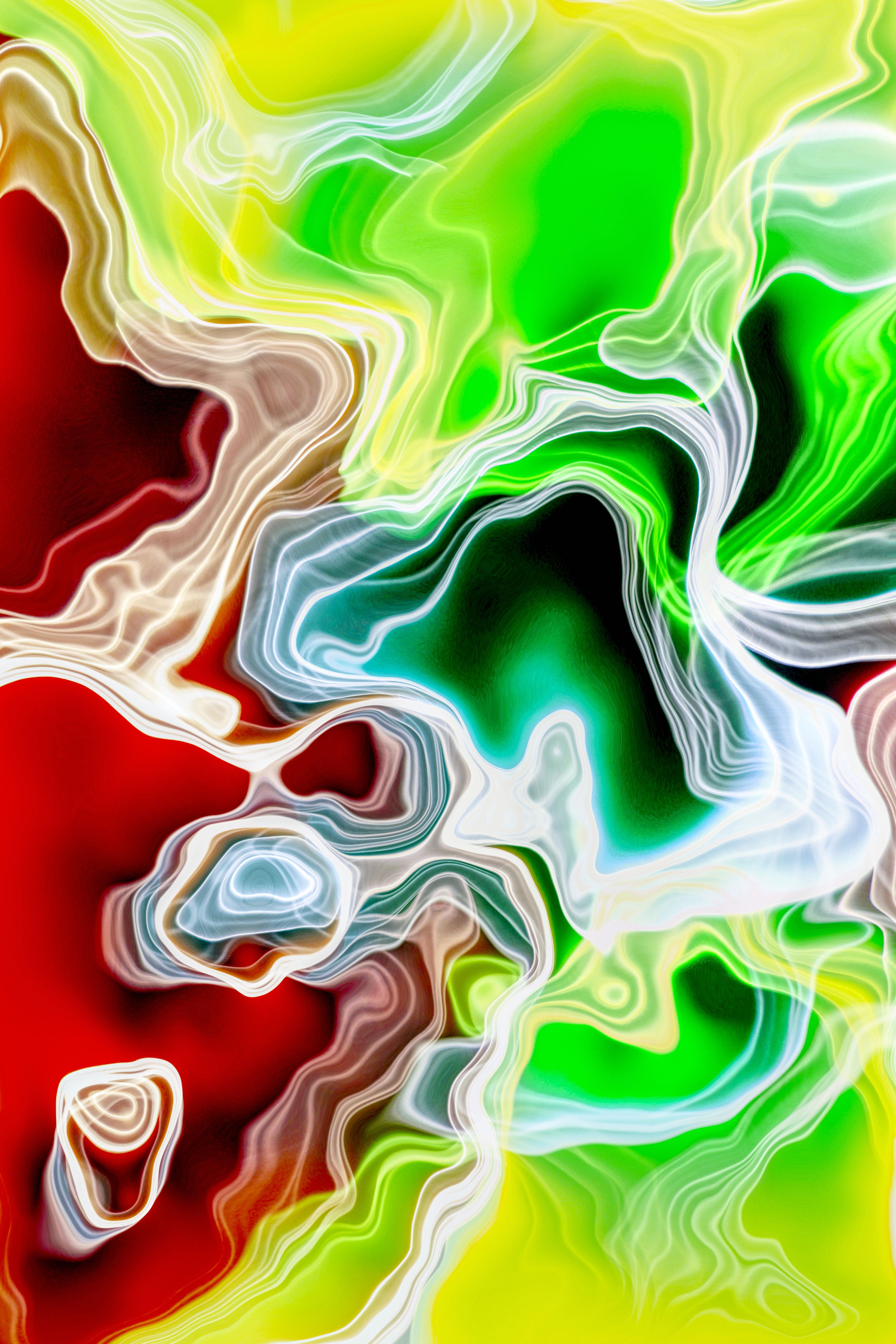 Vibrant abstract art with green and red wave patterns creating a fluid and dynamic composition.