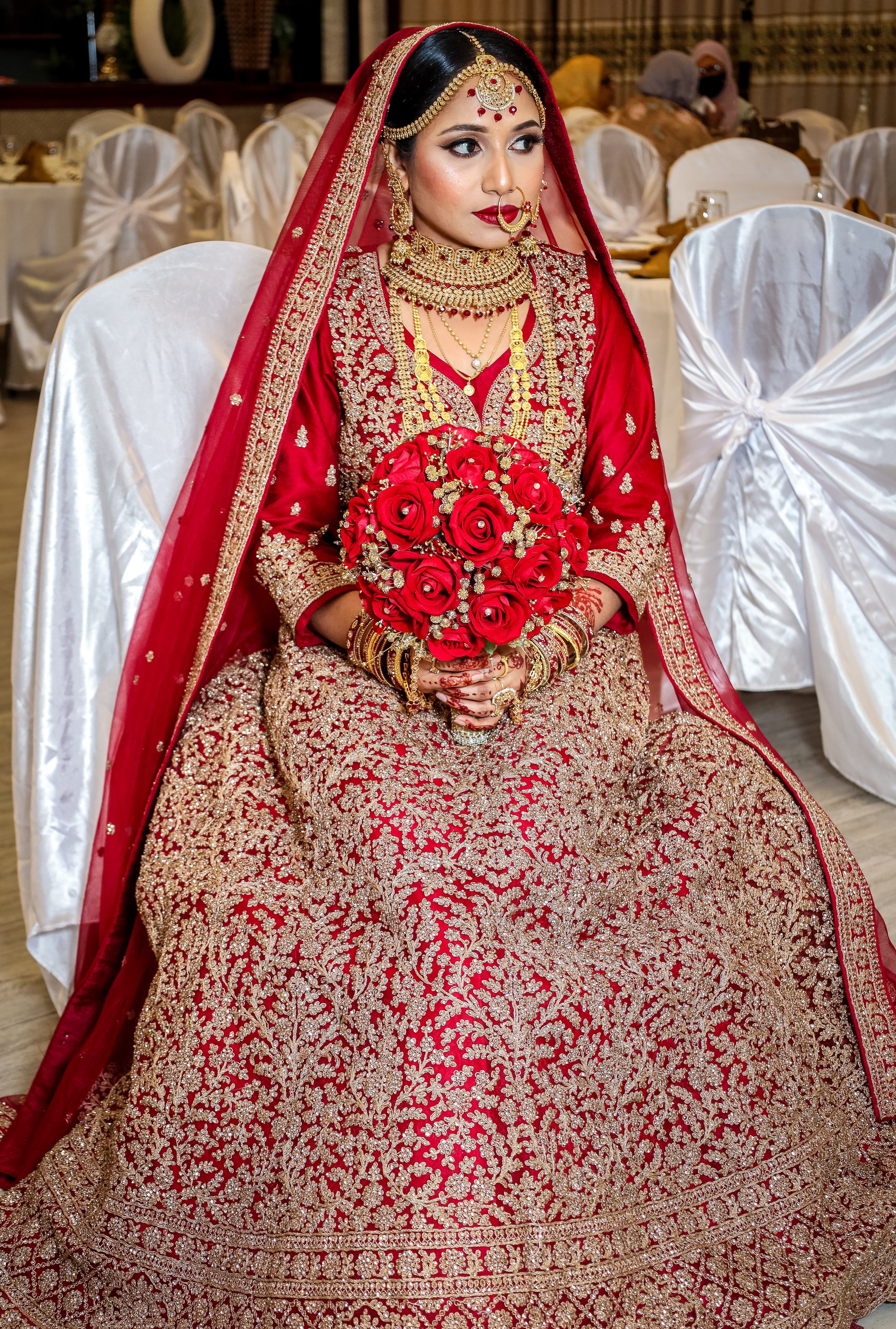 slim fit dress slacks Sheena Red and Gold Bridal Lehenga Set M / 43