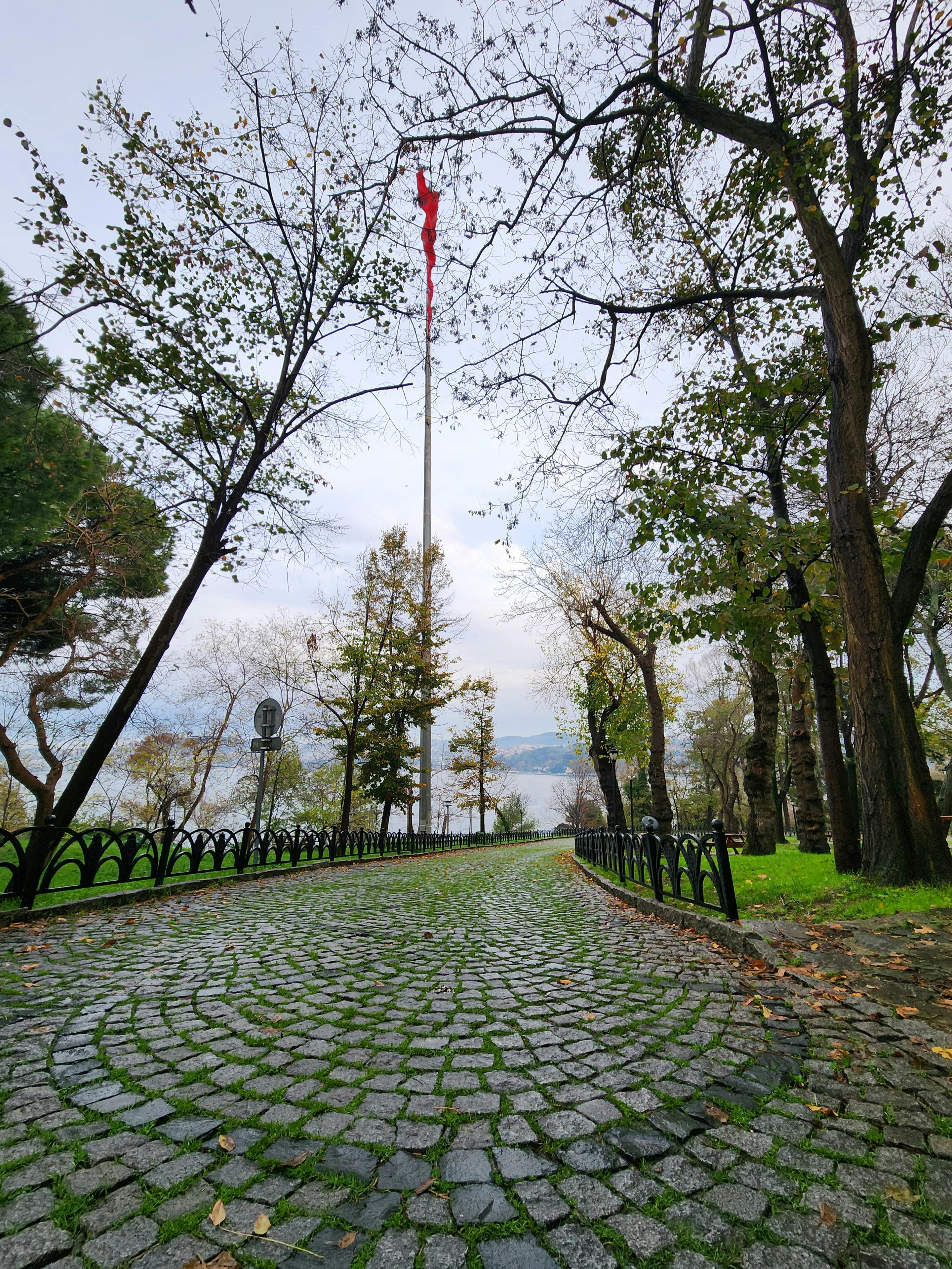Serene cobblestone path through trees with a red flag fluttering, Istanbul's Emirgan Park.