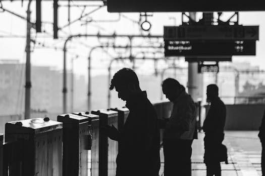 Silhouetted commuters at a Dhaka train station in black and white.