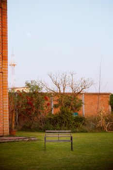 Serene garden with an empty bench under a fading sky, offering a peaceful retreat.