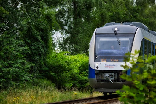 A modern passenger train on tracks surrounded by lush greenery, showcasing travel and transportation.