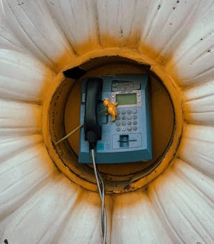 A vintage payphone surrounded by a rusted metal enclosure with a flower-like design.