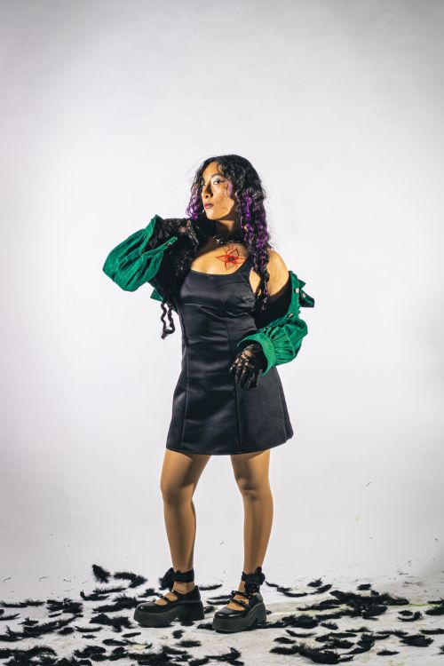Free Model in a black dress with artistic makeup and green jacket, studio shot. Stock Photo