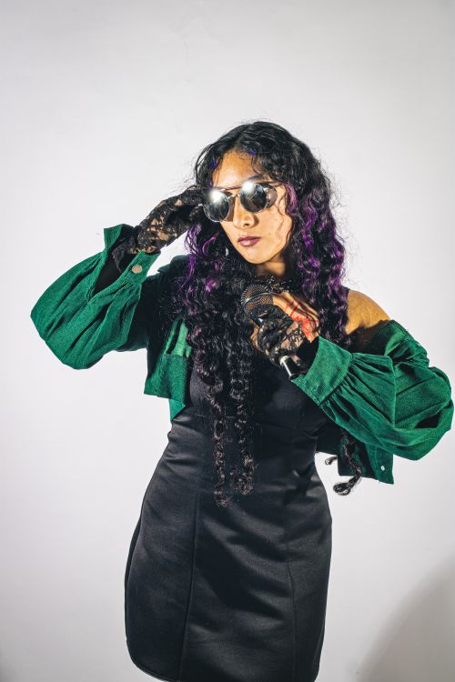 Free A fashionable model poses with confidence holding a microphone, wearing a green jacket and sunglasses. Stock Photo