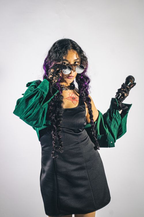 Free Confident woman in black dress and green jacket holding a microphone, posing indoors. Stock Photo