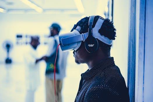 Profile of a man using VR headset indoors with blurred background.