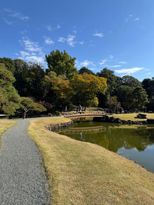 Free Peaceful Japanese garden scene featuring a stone bridge and a lush pond. Stock Photo