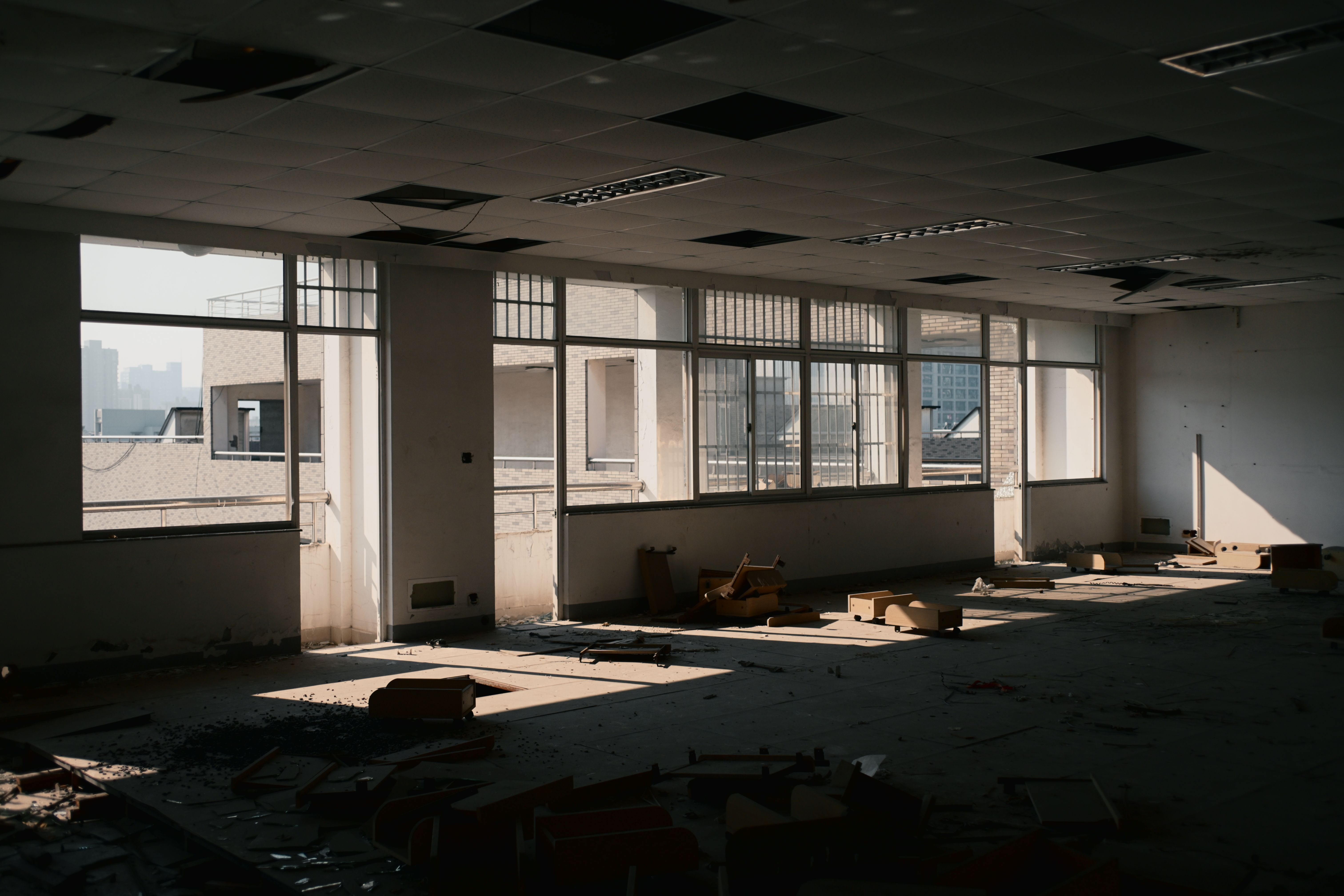 Derelict office space bathed in soft sunlight, revealing urban decay.