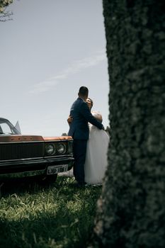 Couple embraces by a classic car in a scenic outdoor wedding setting.
