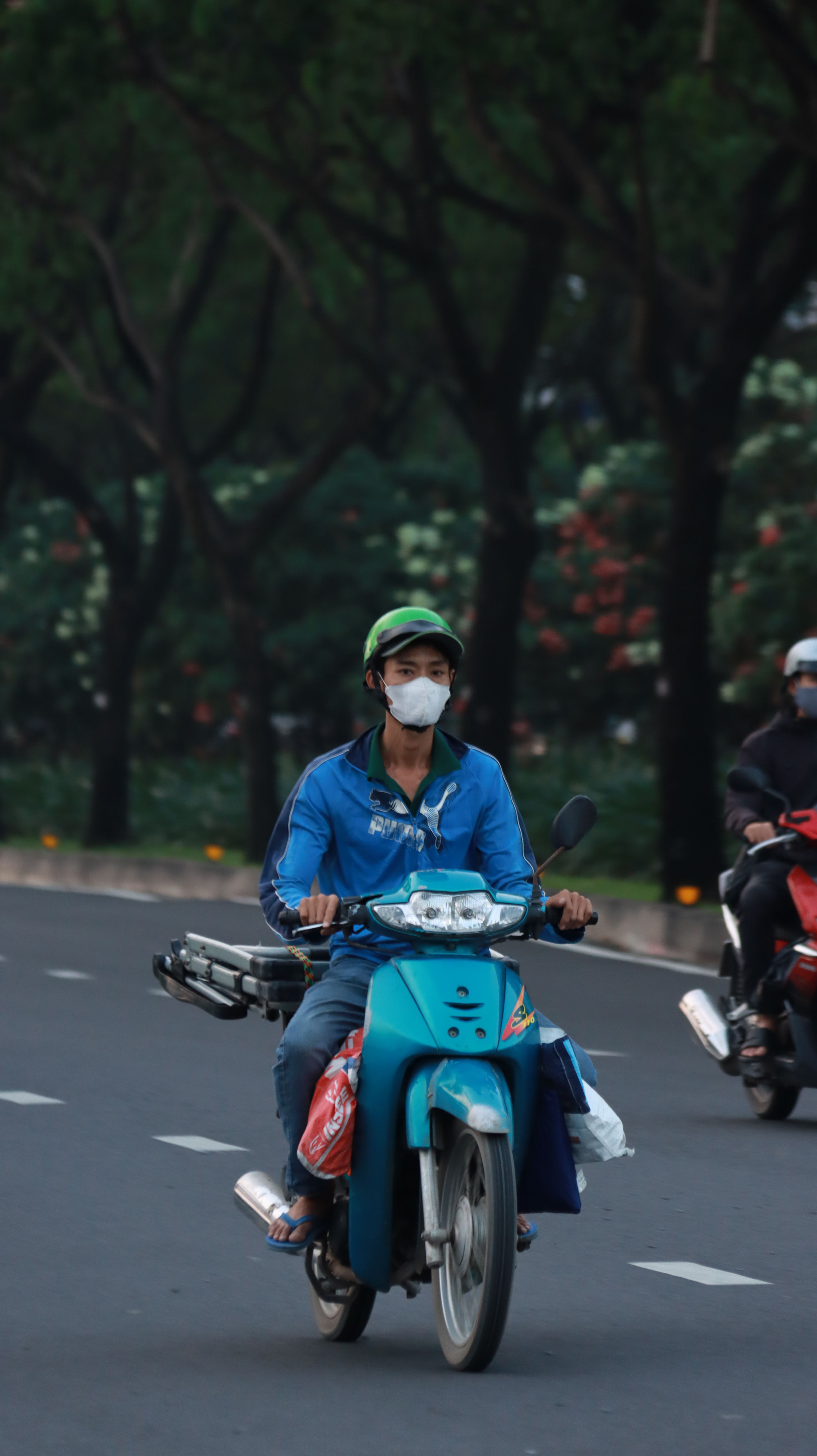 Man Riding Motorbike on Tree-Lined Road