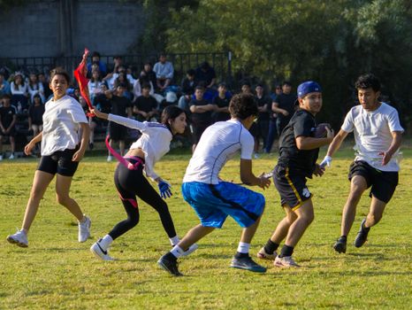 A group of young adults engaged in a competitive game of flag football on a sunny day.