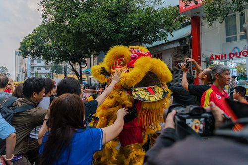 Free Crowd gathers around vibrant lion dance during festivities in Ho Chi Minh City, capturing cultural excitement. Stock Photo
