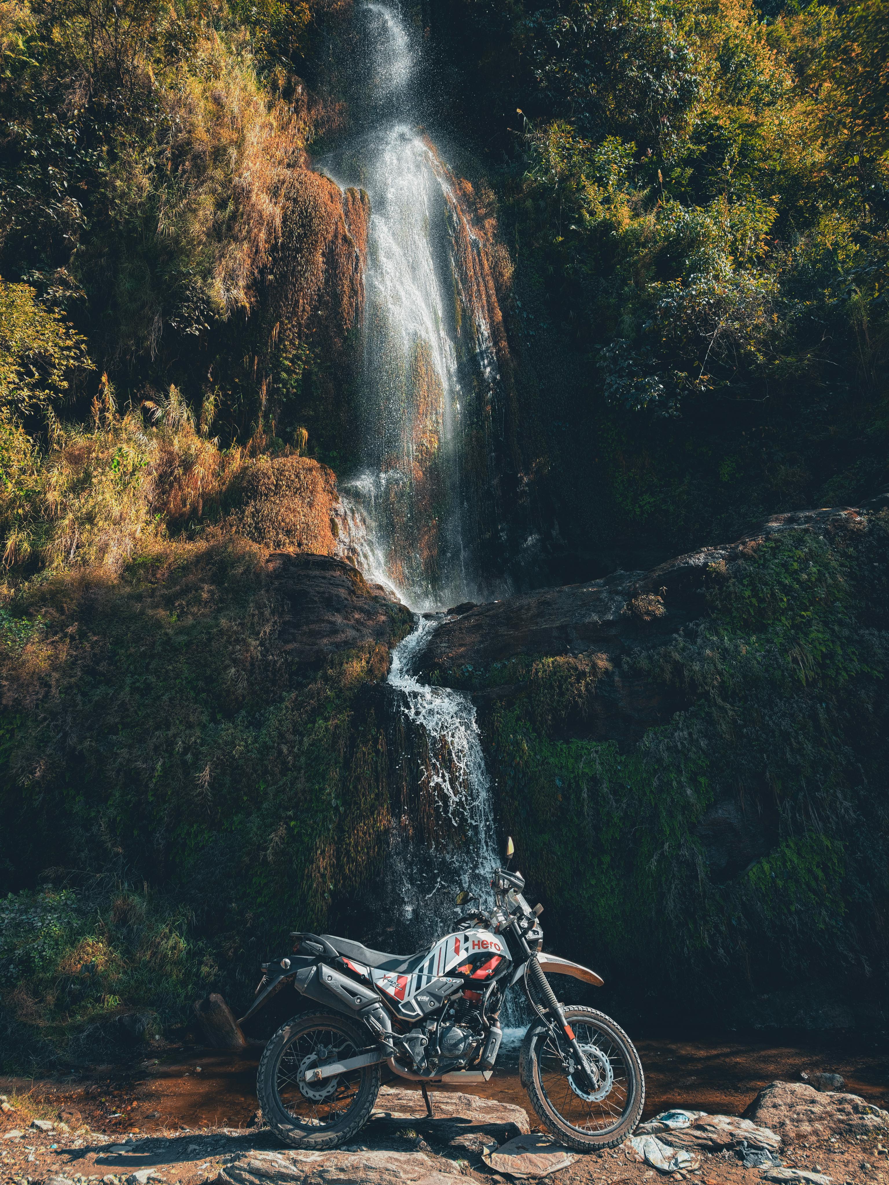 Bike under waterfall 