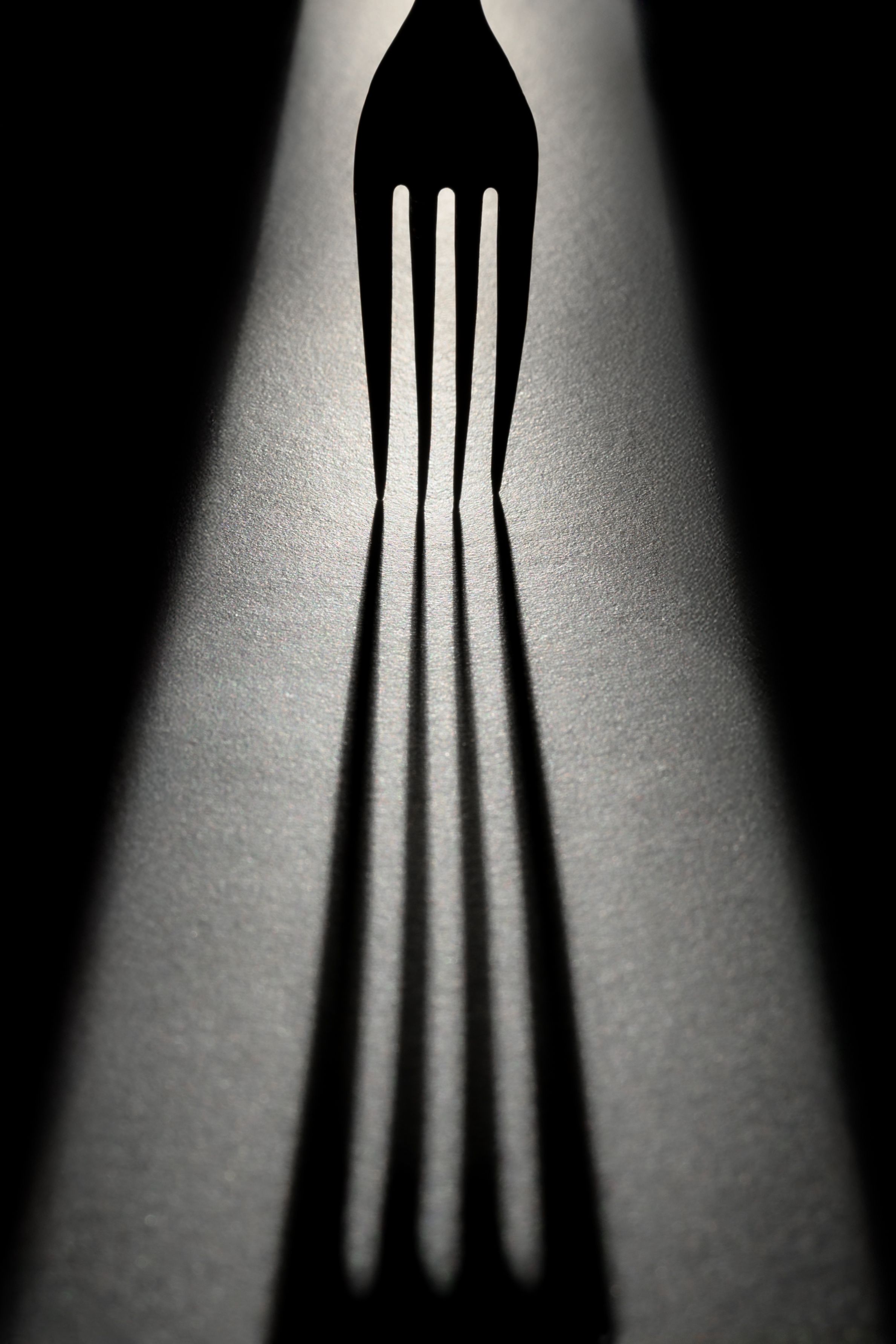 Minimalist image showcasing a fork casting a dramatic shadow on a dark surface.