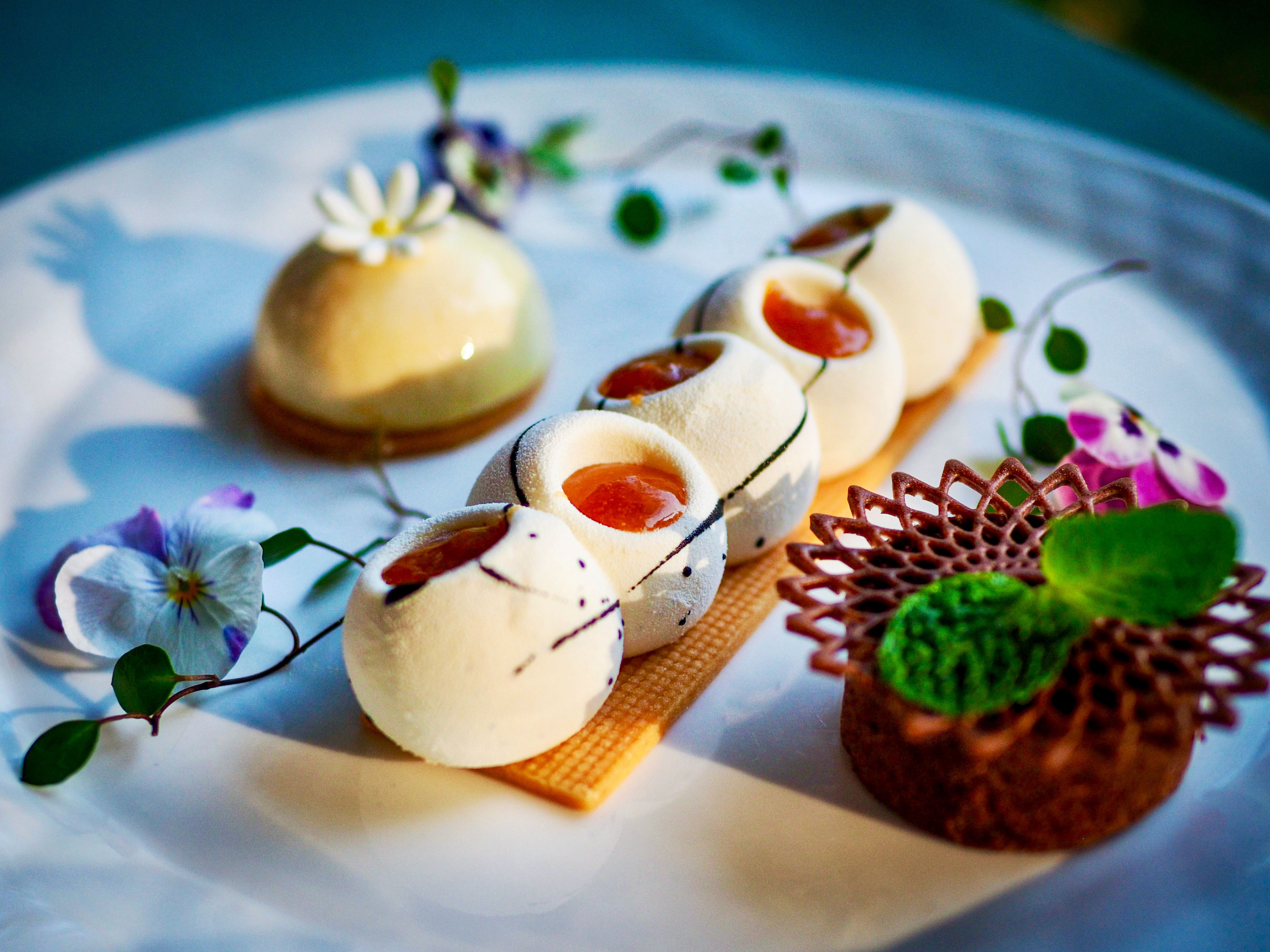Exquisite fine-dining plated dessert with delicate floral garnish on a pristine white plate