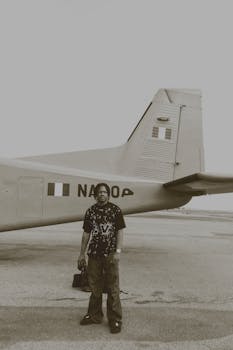 A person stands beside a parked airplane in Abuja, Nigeria, on a clear day.
