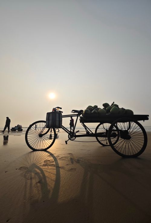 Free A serene morning at Mandarmani Beach, India, capturing a silhouette of a bicycle cart against the sunrise. Stock Photo