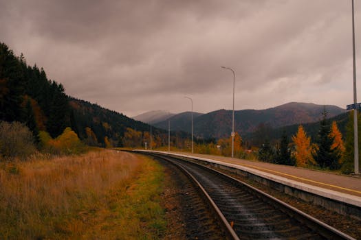 Serene railway track winding through autumnal forest and mountains under cloudy skies.