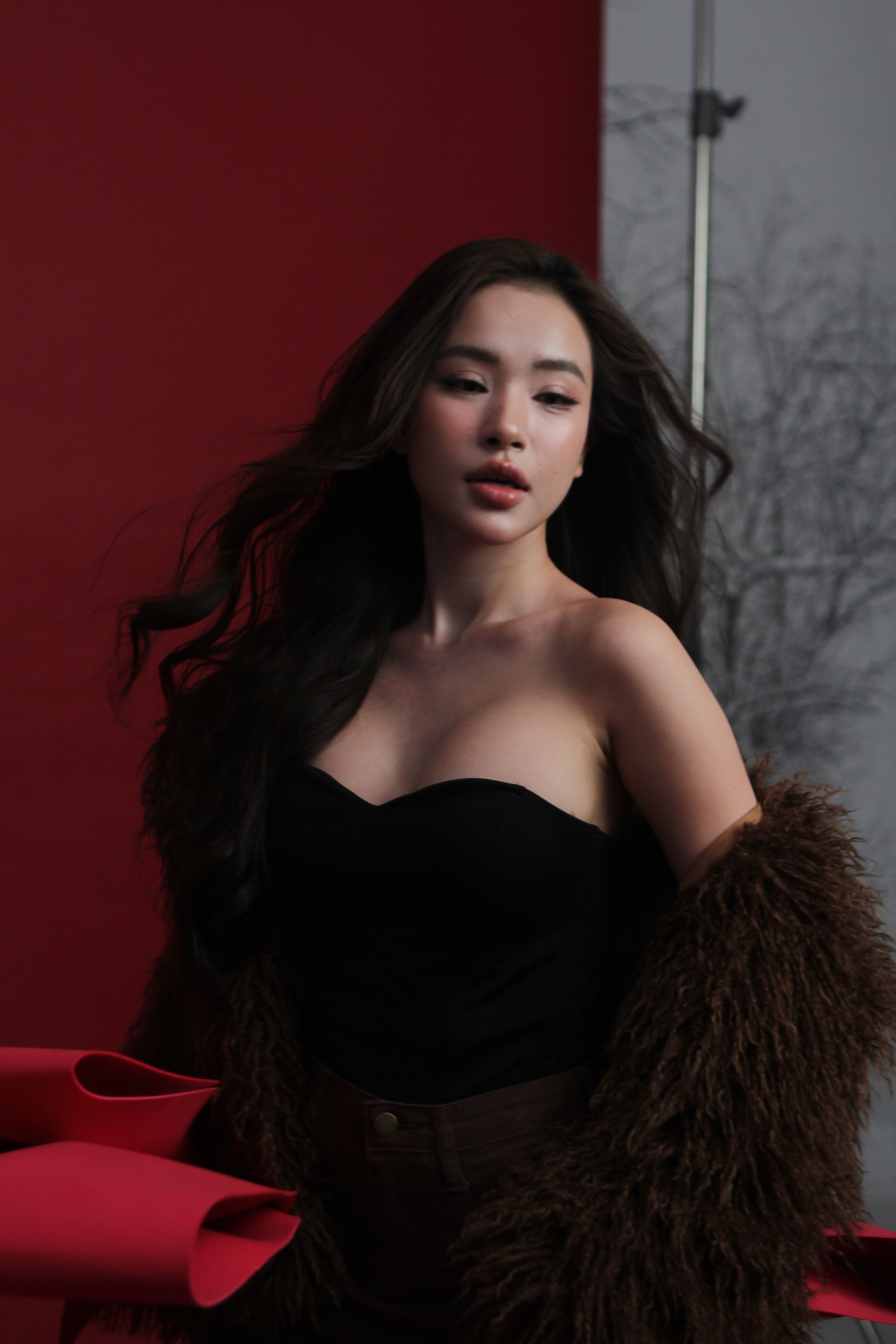 Portrait of a stylish woman wearing a black outfit and brown fur against a red background.