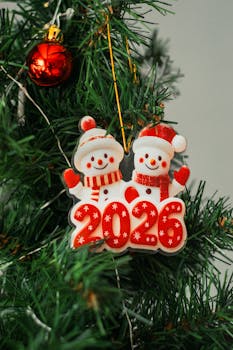 2026 Christmas tree snowman ornament with red decoration.